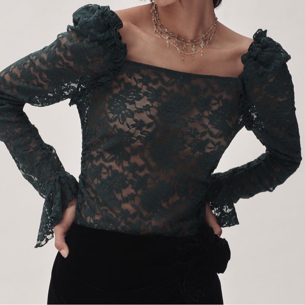 Anthropologie Long Sleeve Green 100% Lace Top Size Medium